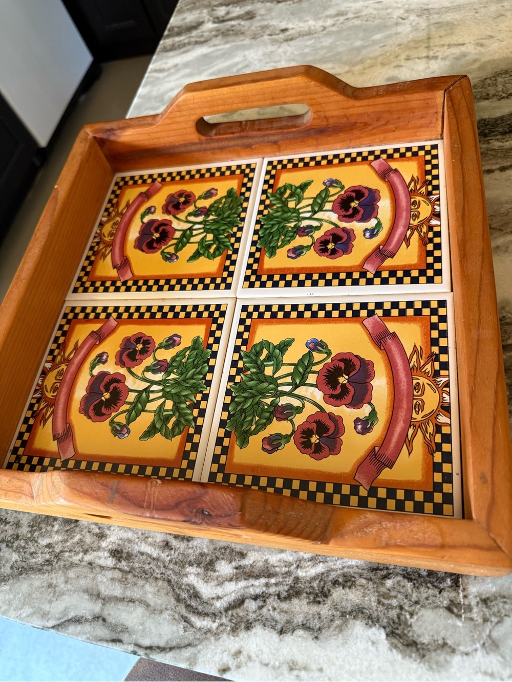 Vintage Wooden Serving Tray with Yellow Floral Tile Inset